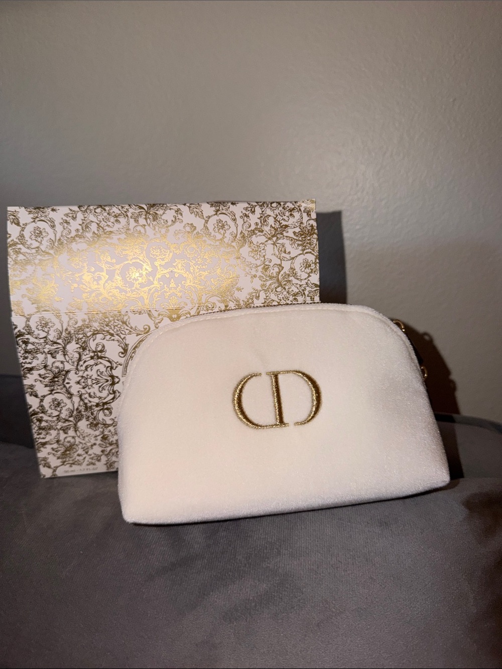Dior Cream Velvet Cosmetic Pouch with Gold Accent